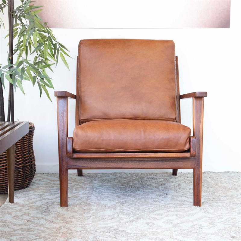 Pemberly Row Mid Century Pillow Back Genuine Leather Lounge Chair in Brown   Midcentury   Armchairs And Accent Chairs   by Homesquare  Houzz