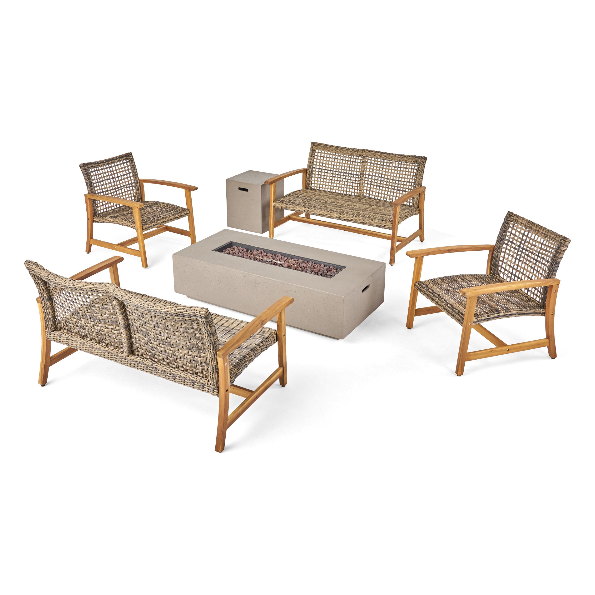 Tabby Outdoor 6 Seater Wood and Wicker Chat Set with Fire Pit