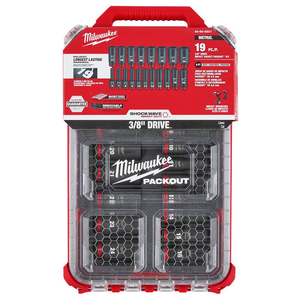 MW SHOCKWAVE Impact-Duty 38 in. Drive Metric Deep Well Impact PACKOUT Socket Set (19-Piece) 49-66-6801