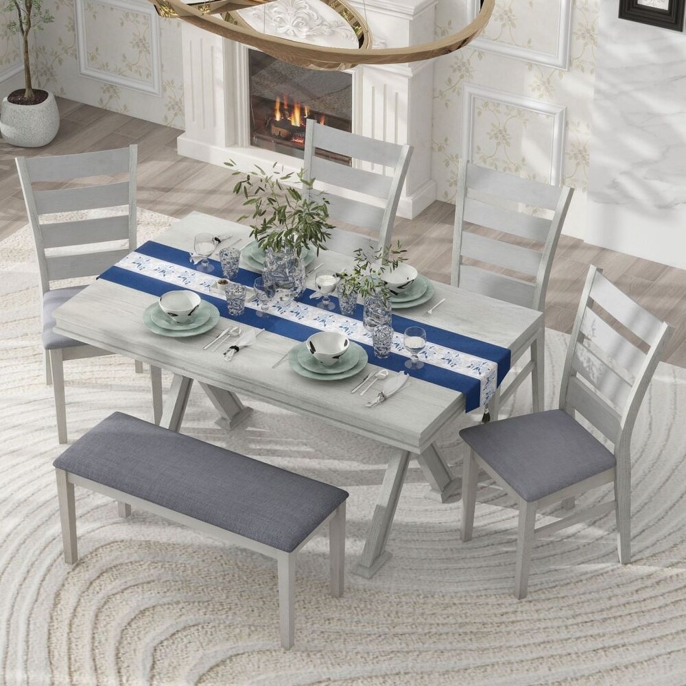 6 Piece Dining Table Set with Unique Legs and 4 Upholstered Chairs   1 Bench