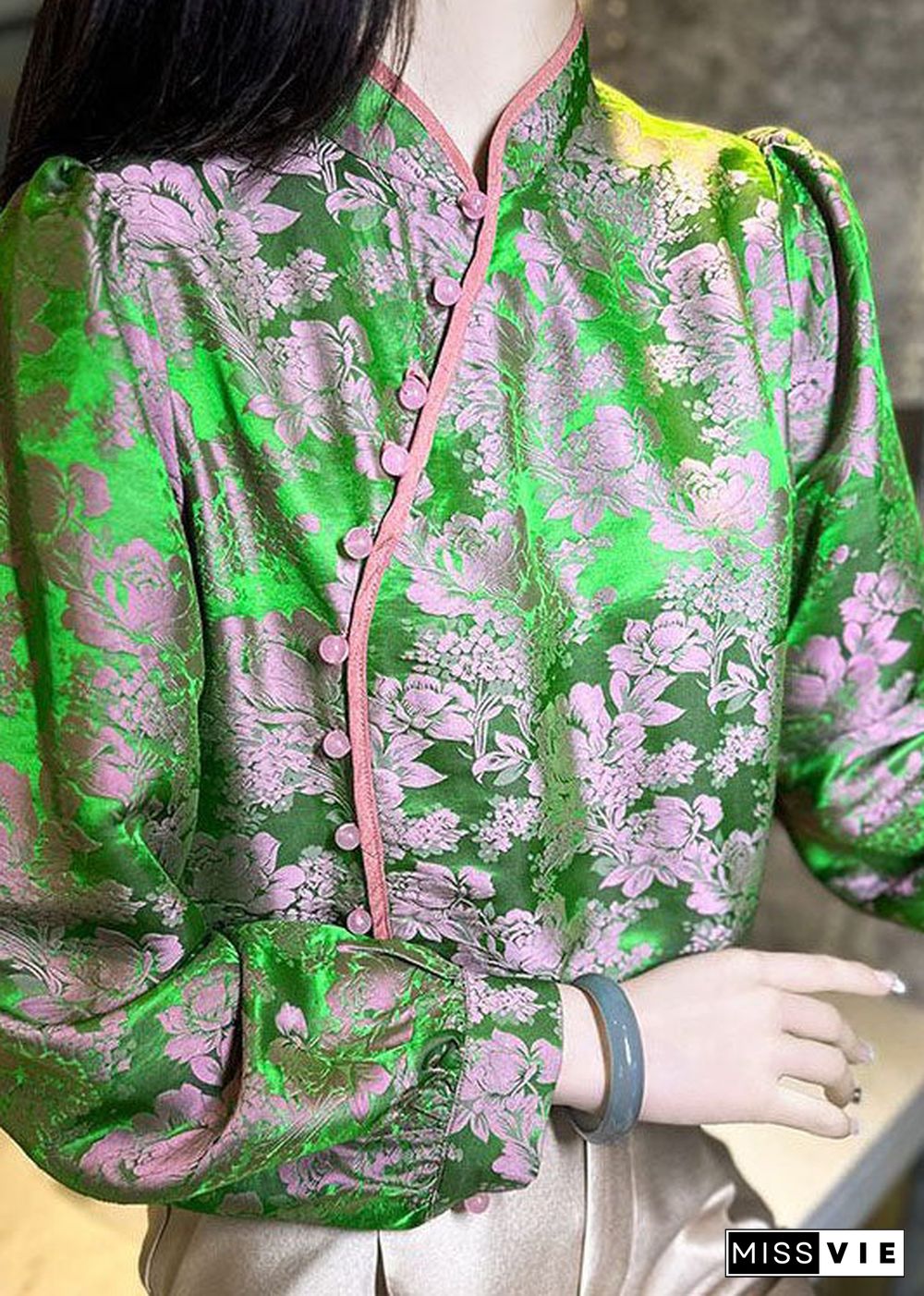 Chinese Style Green Jacquard Oriental Button Patchwork Silk Shirts Spring