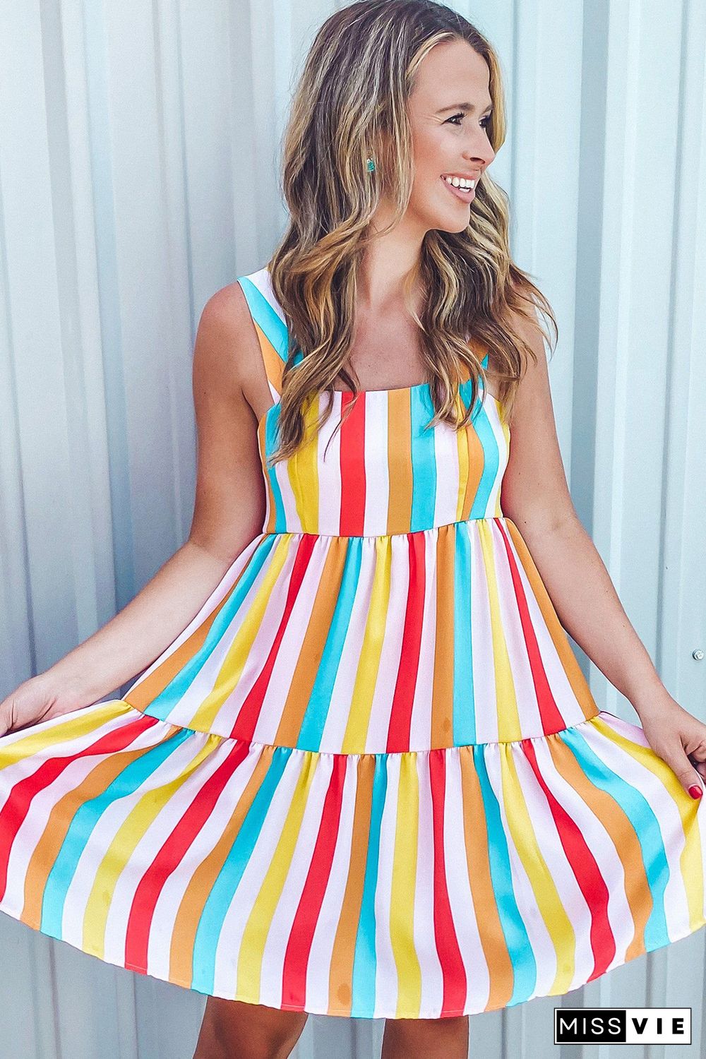 Multicolor Rainbow Stripe Print Tiered Sundress