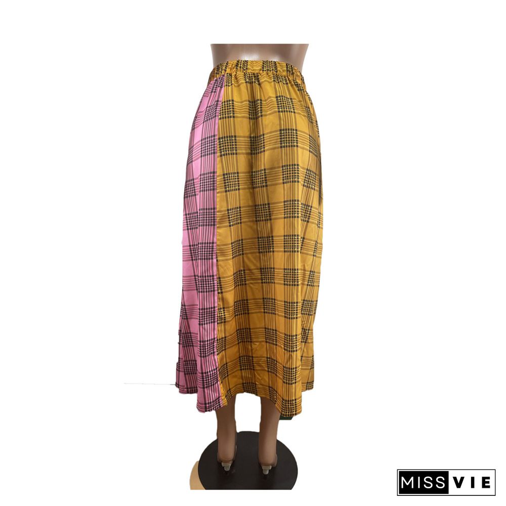 High Waist Plaid Print Patchwork Buttons Design Slit Skirts