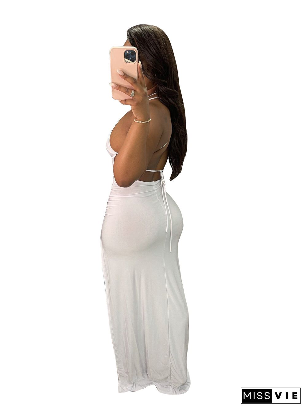 Women Sexy Solid Backless Halter Sling Bandage High Side Slit Slinky Evening Party Long Maxi Dress