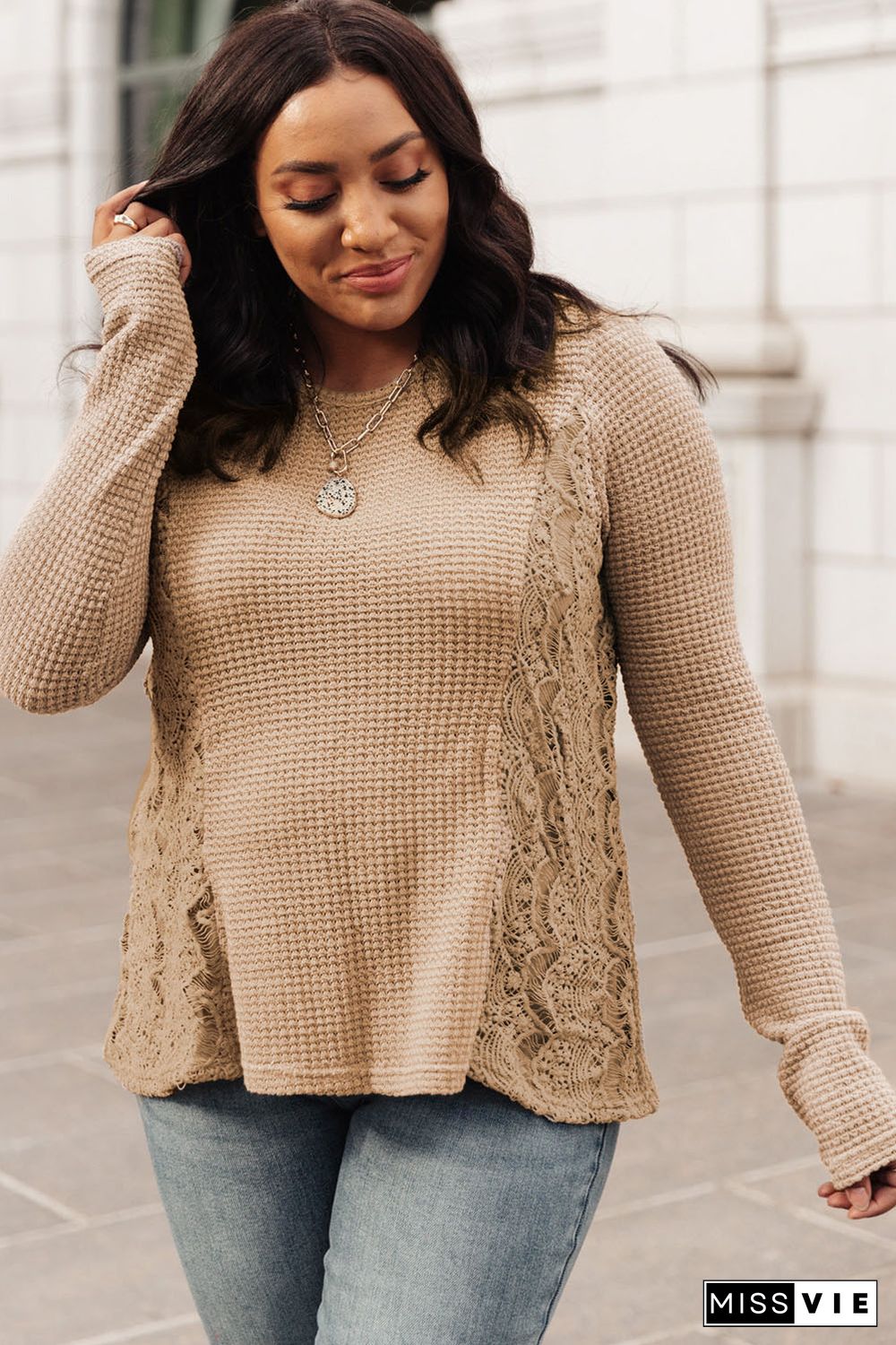 Khaki Plus Size Lace Waffle Knit Top