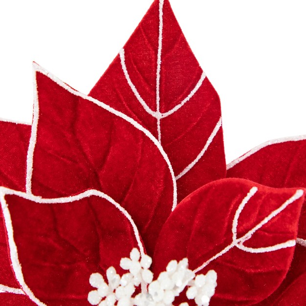 Red And White Velvet Glittered Poinsettia Christmas Stem Spray