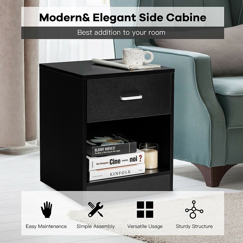 2 Pieces Nightstand with Storage Drawer and Cabinet