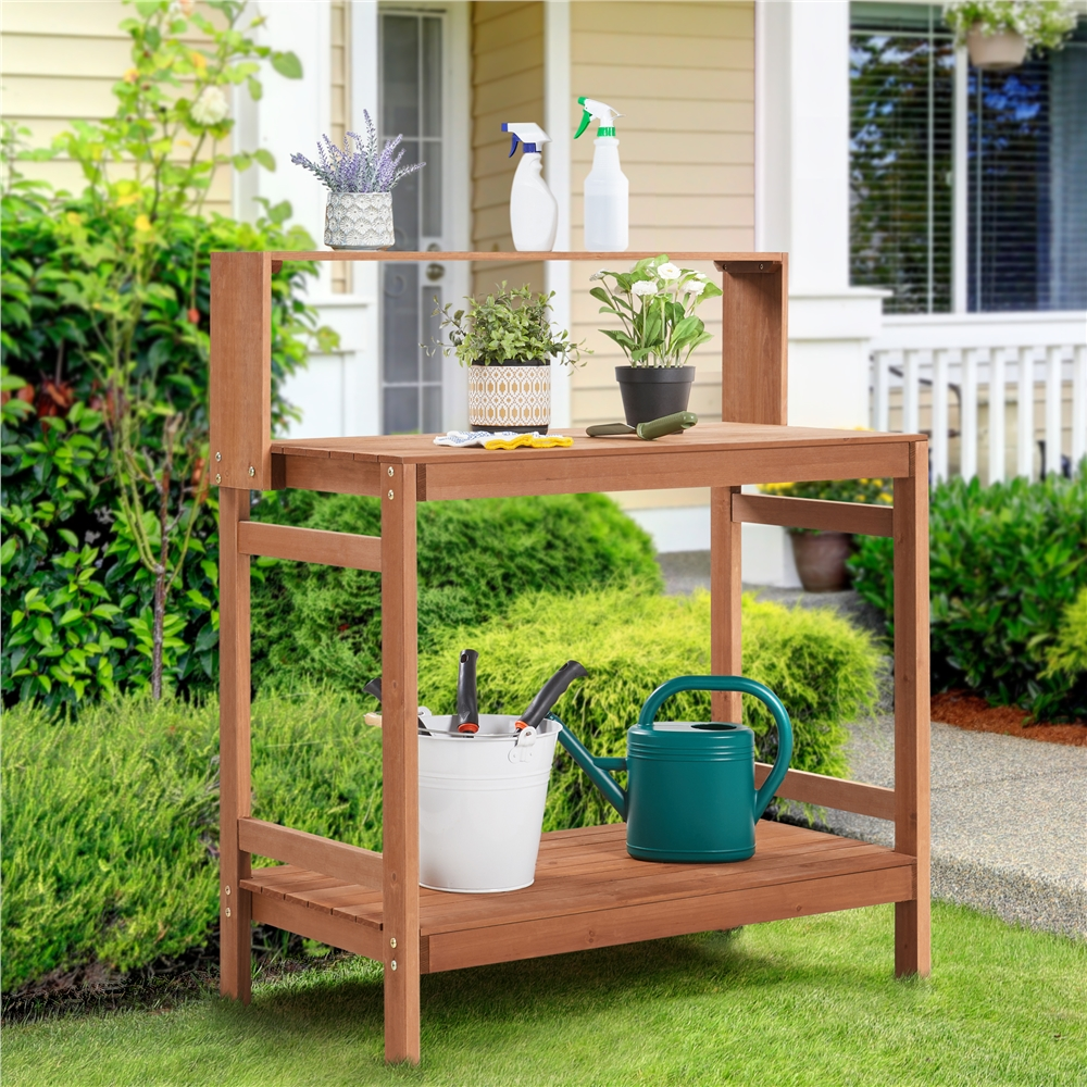 Topeakmart Outdoor Wooden Potting Bench Table Garden Patio Workstation with Storage Shelf, Brown