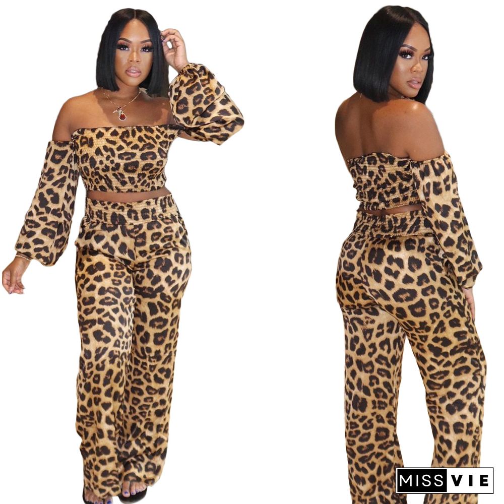 Leopard Print Off Shoulder Crop Top Wide Leg Pants Set