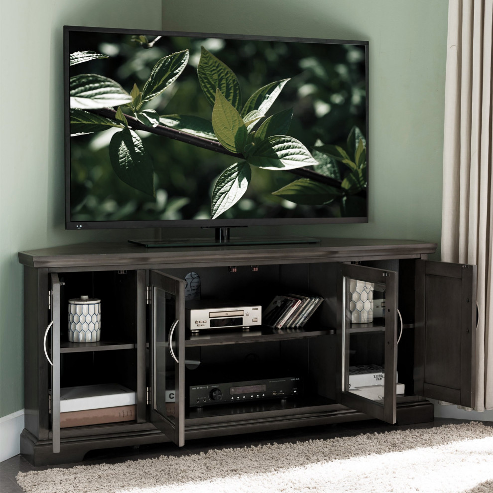 Corner TV Console  Framed Doors  Glass Doors With Pewter Pulls  Riverstone Oak   Transitional   Entertainment Centers And Tv Stands   by Declusia  Houzz