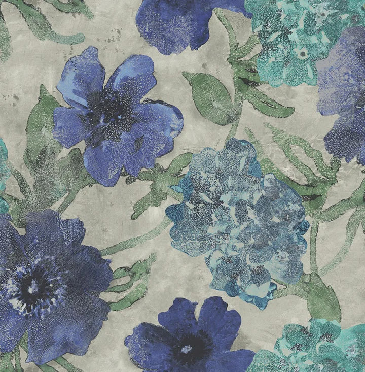 Sample Bonniefield Indigo/Silver Wallpaper from the Tiverton Collection