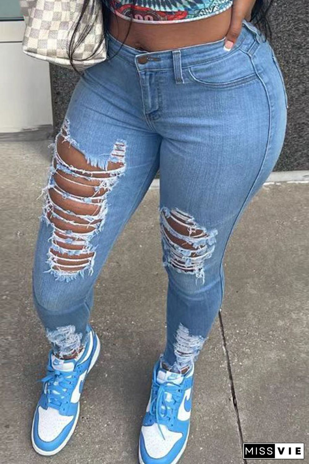 Blue Casual Street Solid Ripped Patchwork High Waist Skinny Denim Jeans