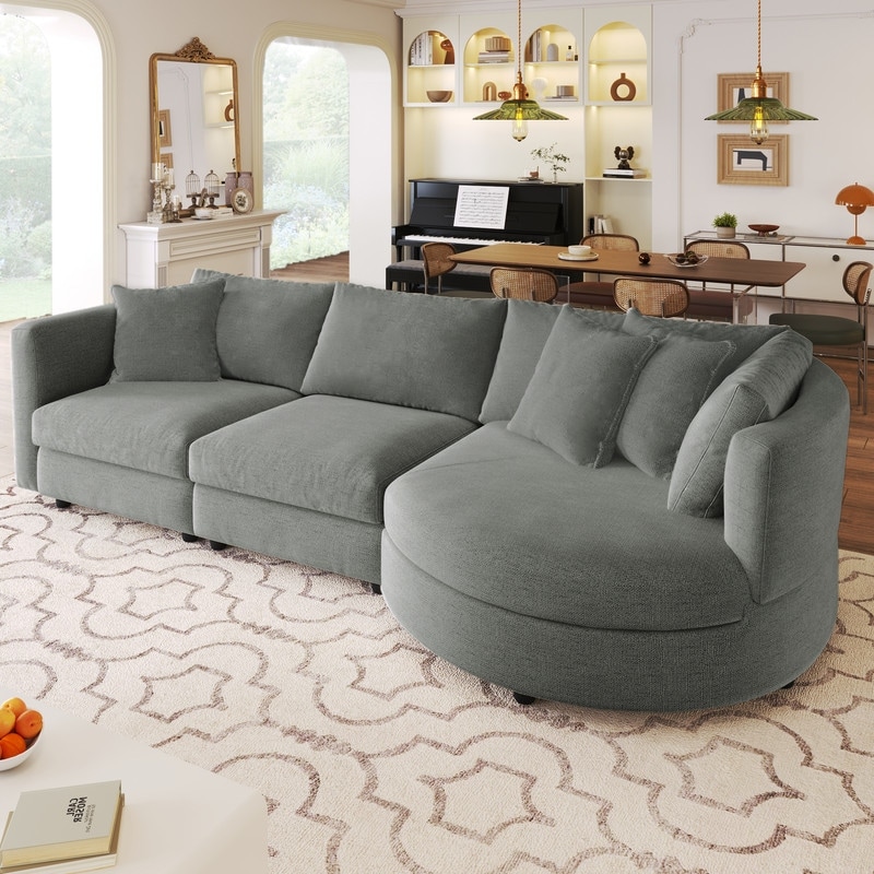 Modern Snow Neil Fabric Sofa with Three Pillows and Curved Seat