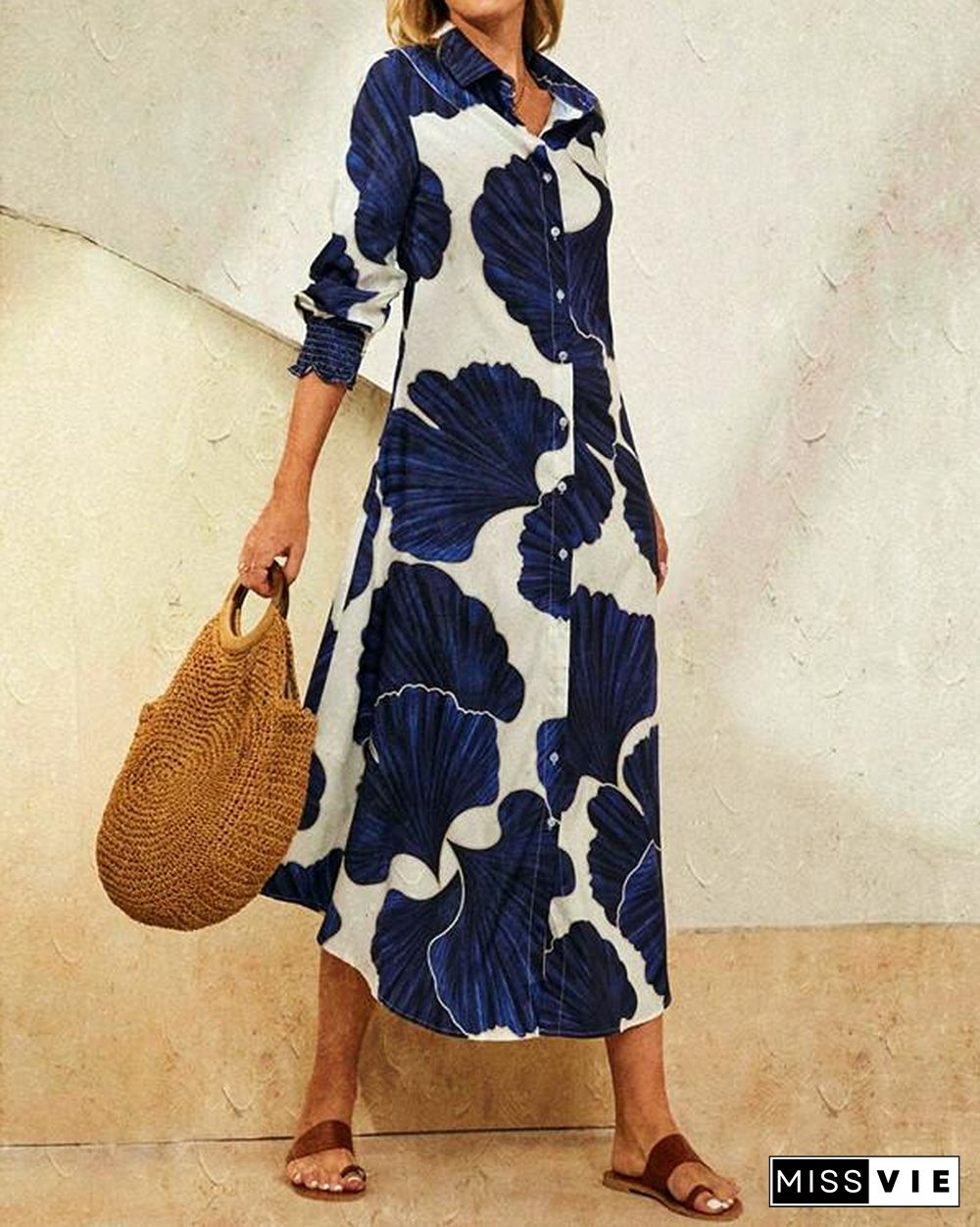 Leaves Print Lapel Button Long Sleeve Maxi Shirt Dress