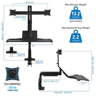 Mount-It 26 in. Rectangular Black Standing Desk Converter with Dual Monitor Arm Mount and Phone Holder MI-7984