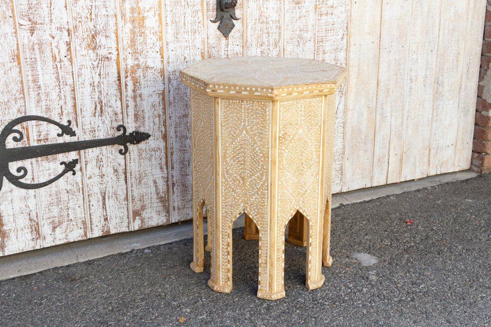 Enchanting Bleached Tall Inlaid end Table   Mediterranean   Side Tables And End Tables   by De cor  Houzz