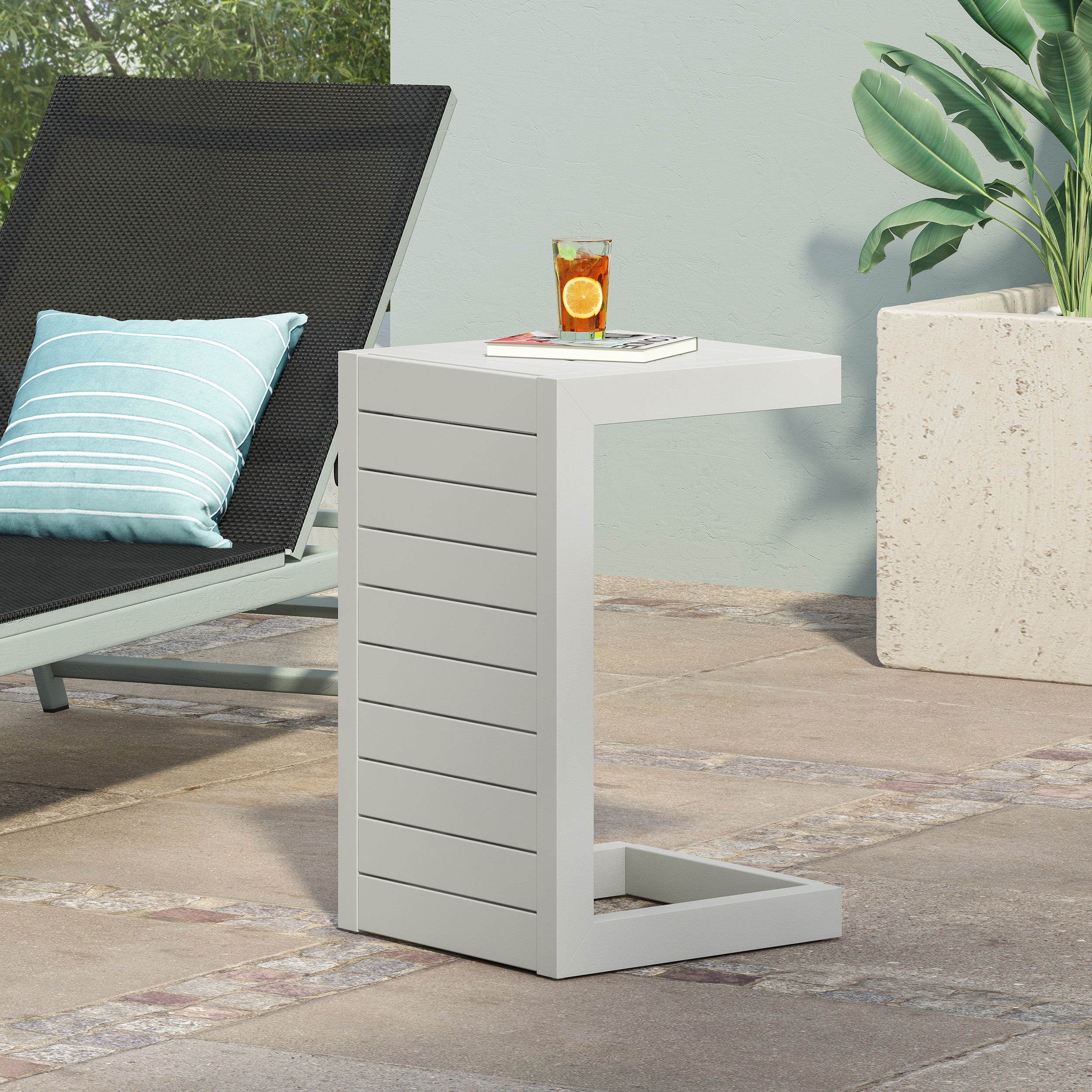 Cherie Outdoor Modern Aluminum C-Shaped End Table