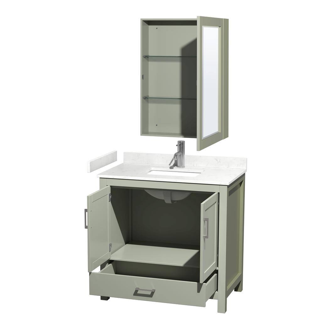 Wyndham Collection Sheffield 36 in. W x 22 in. D x 35 in. H Single Bath Vanity in Light Green with Carrara Cultured Marble Top  MC Mirror WCS141436SLGC2UNSMED