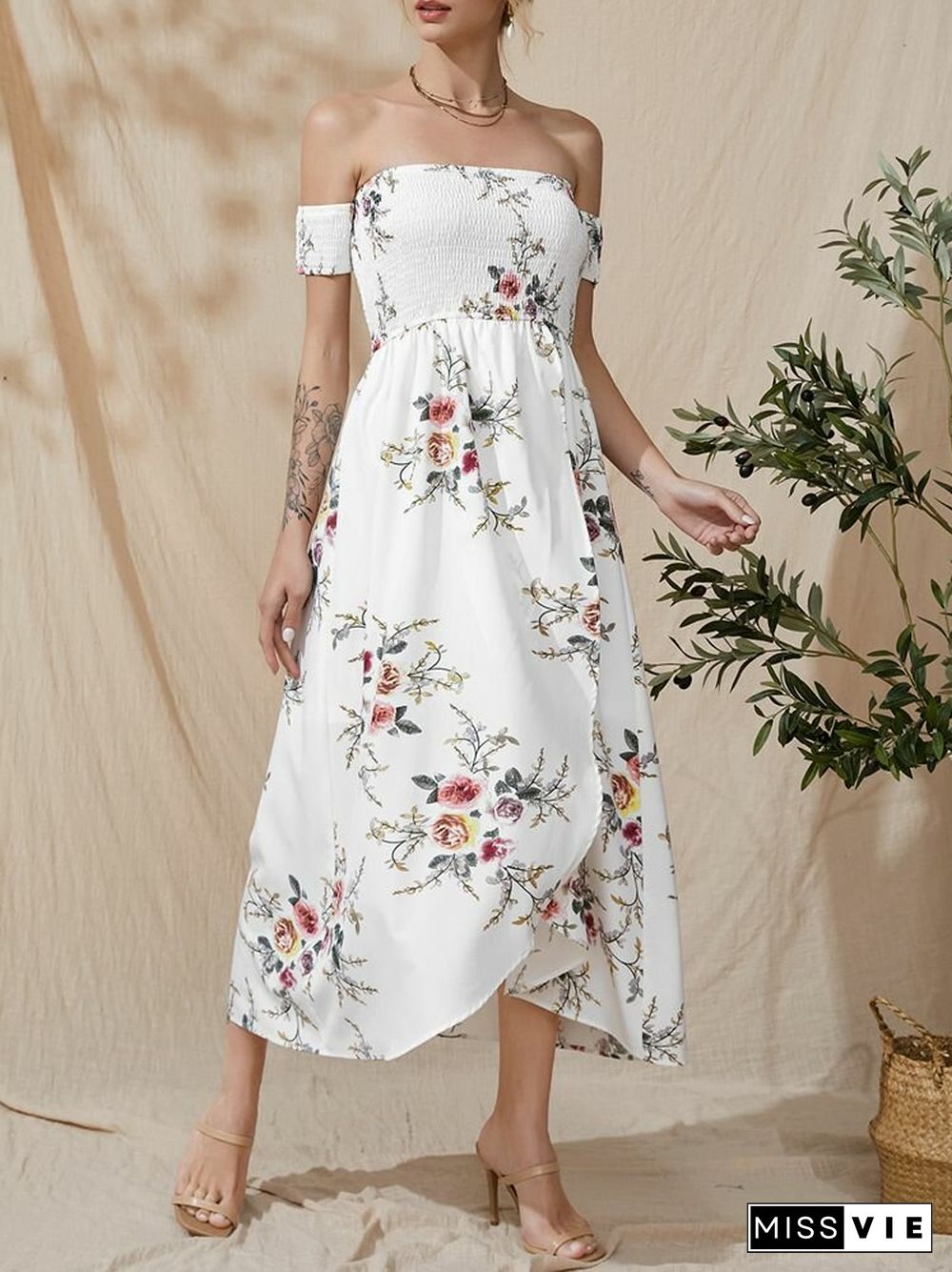 Flower Print Short Sleeve Asymmetrical Hem Maxi Dress