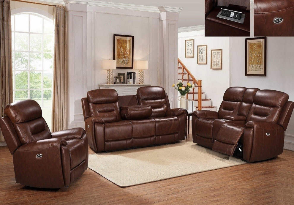 Tavira 3 Piece Top Grain Leather Match Living Room Reclining Sofa Set  Brown   Contemporary   Living Room Furniture Sets   by Hollywood Decor  Houzz