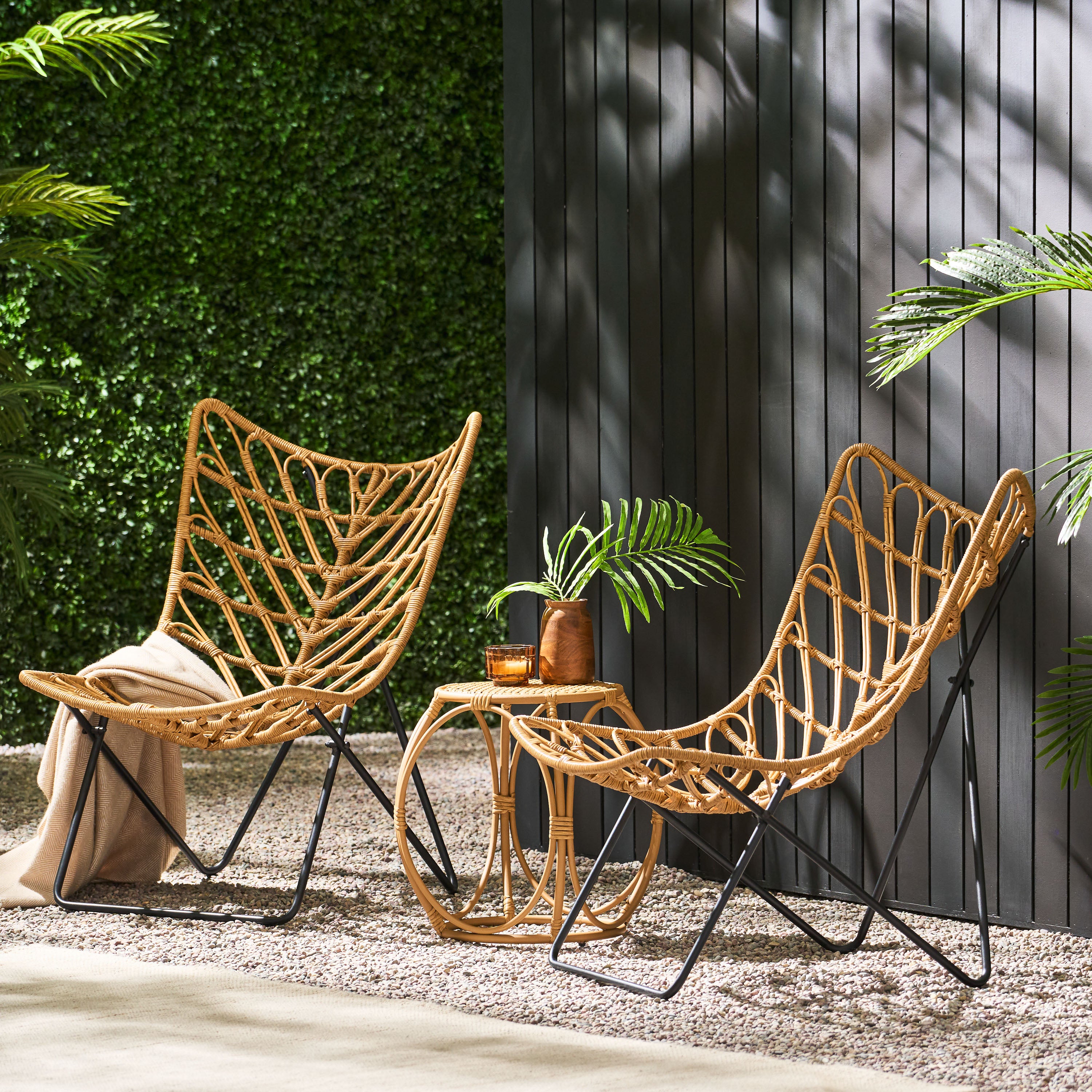 Danbury Outdoor Boho Modern Wicker 3 Piece Chat Set