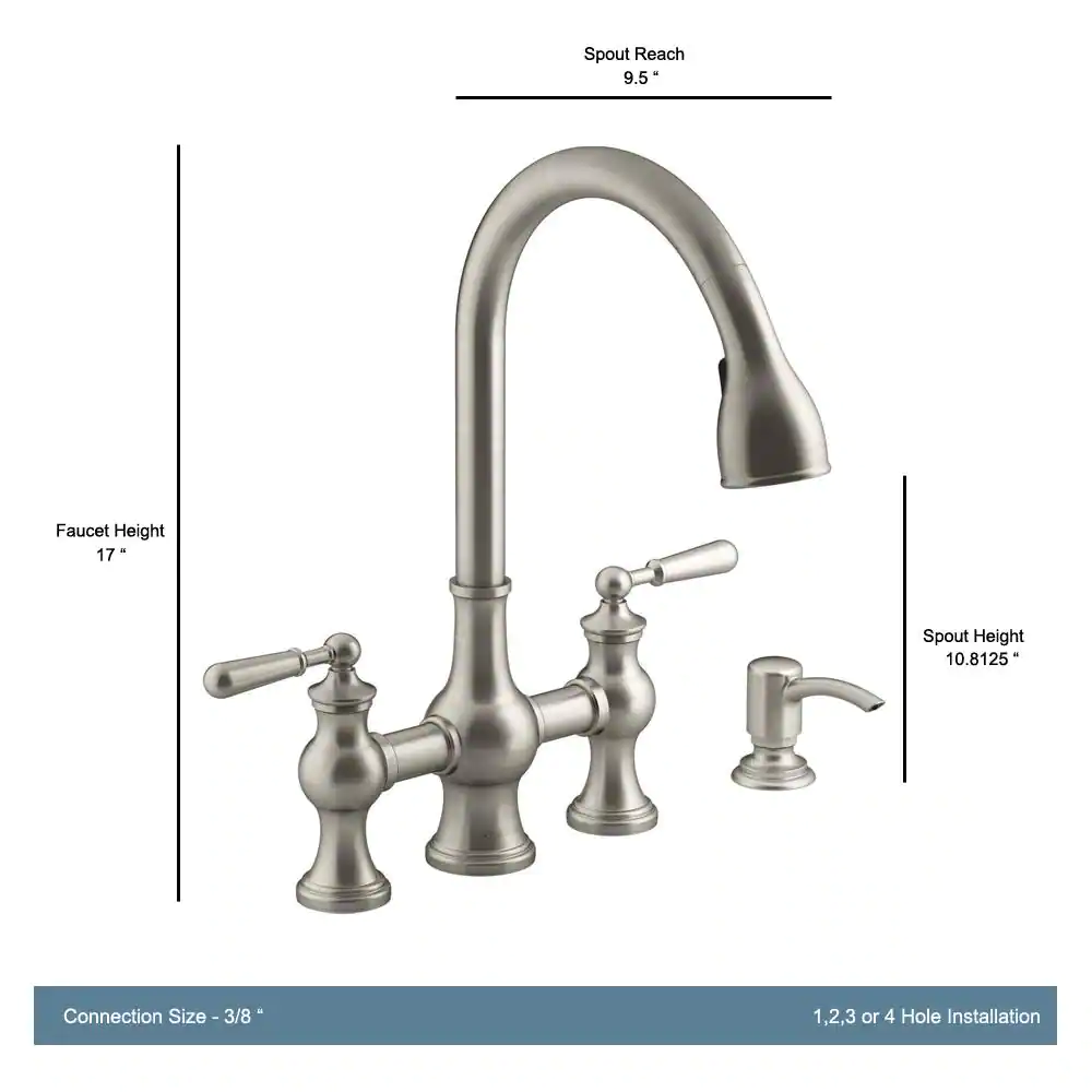 Kohler Capilano 2-Handle Bridge Farmhouse Pull-Down Kitchen Faucet With Soap Dispenser， Vibrant Stainless