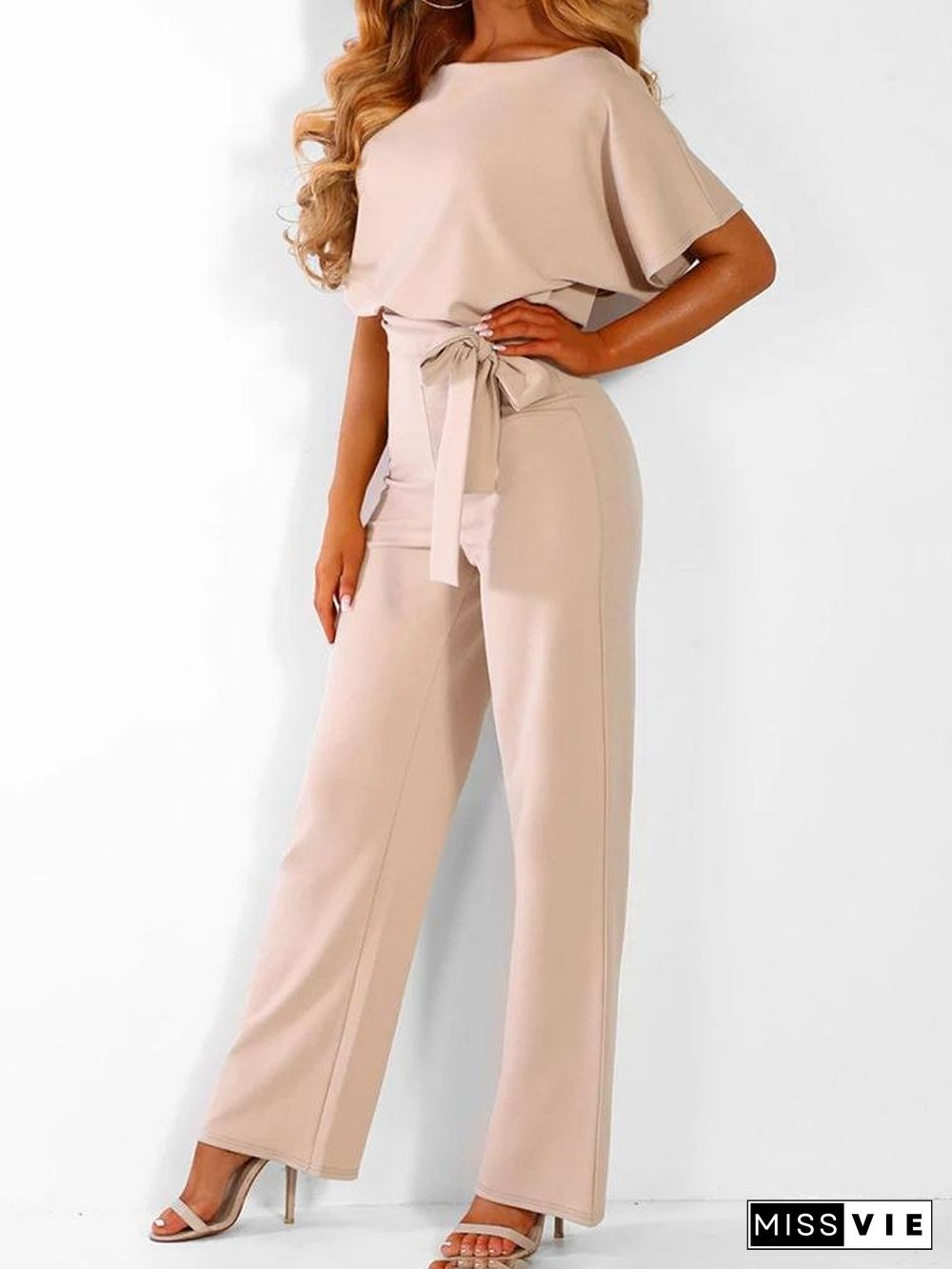 Solid Lace-up Short-sleeved Women's Jumpsuit