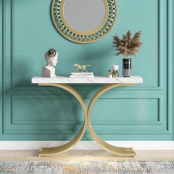 Gold Entryway Console Table with Metal Base， Modern foyer Entry tables， Narrow Sofa Accent Table with Marble Top