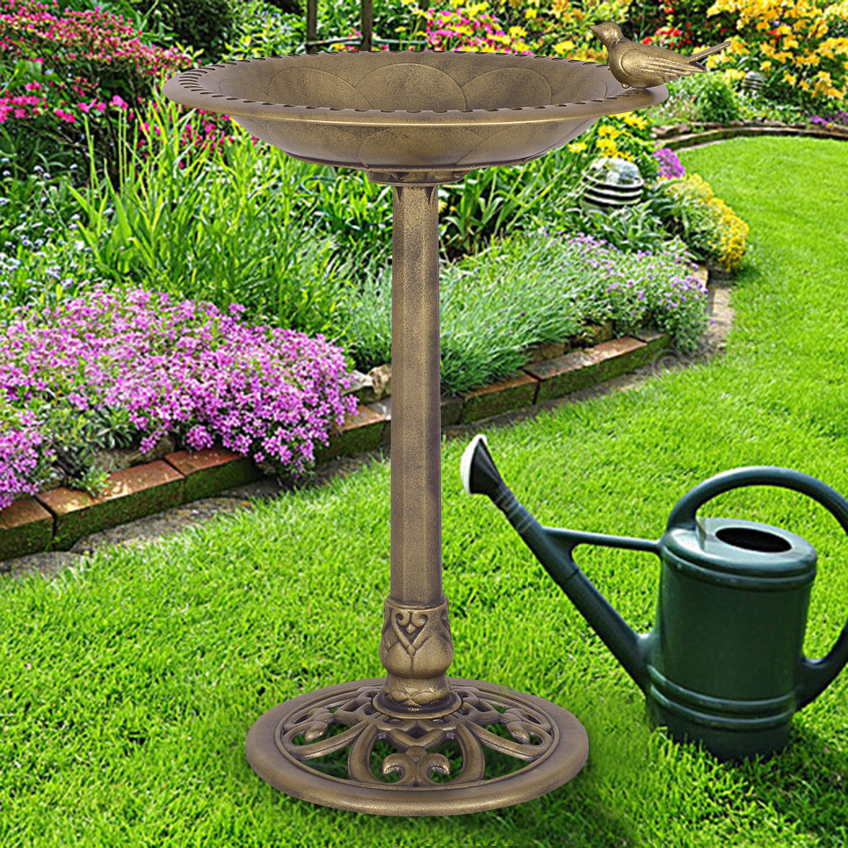 Antique Gold Freestanding Pedestal Bird Bath Feeder Outdoor Garden Yard Decor