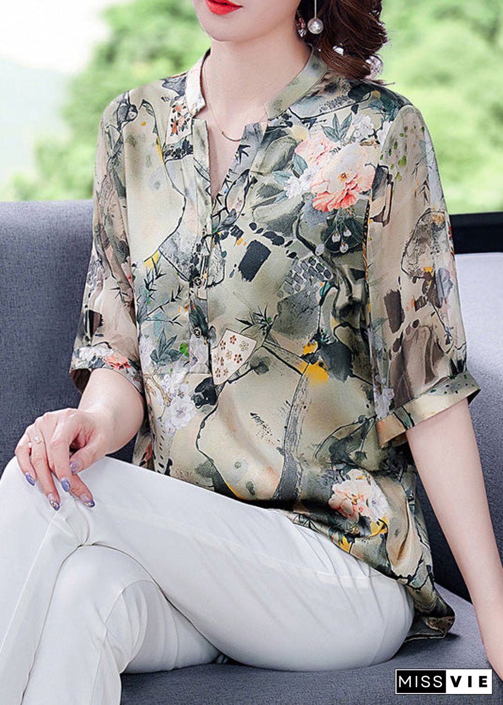 Fashion V Neck Print Button Silk Shirts Short Sleeve