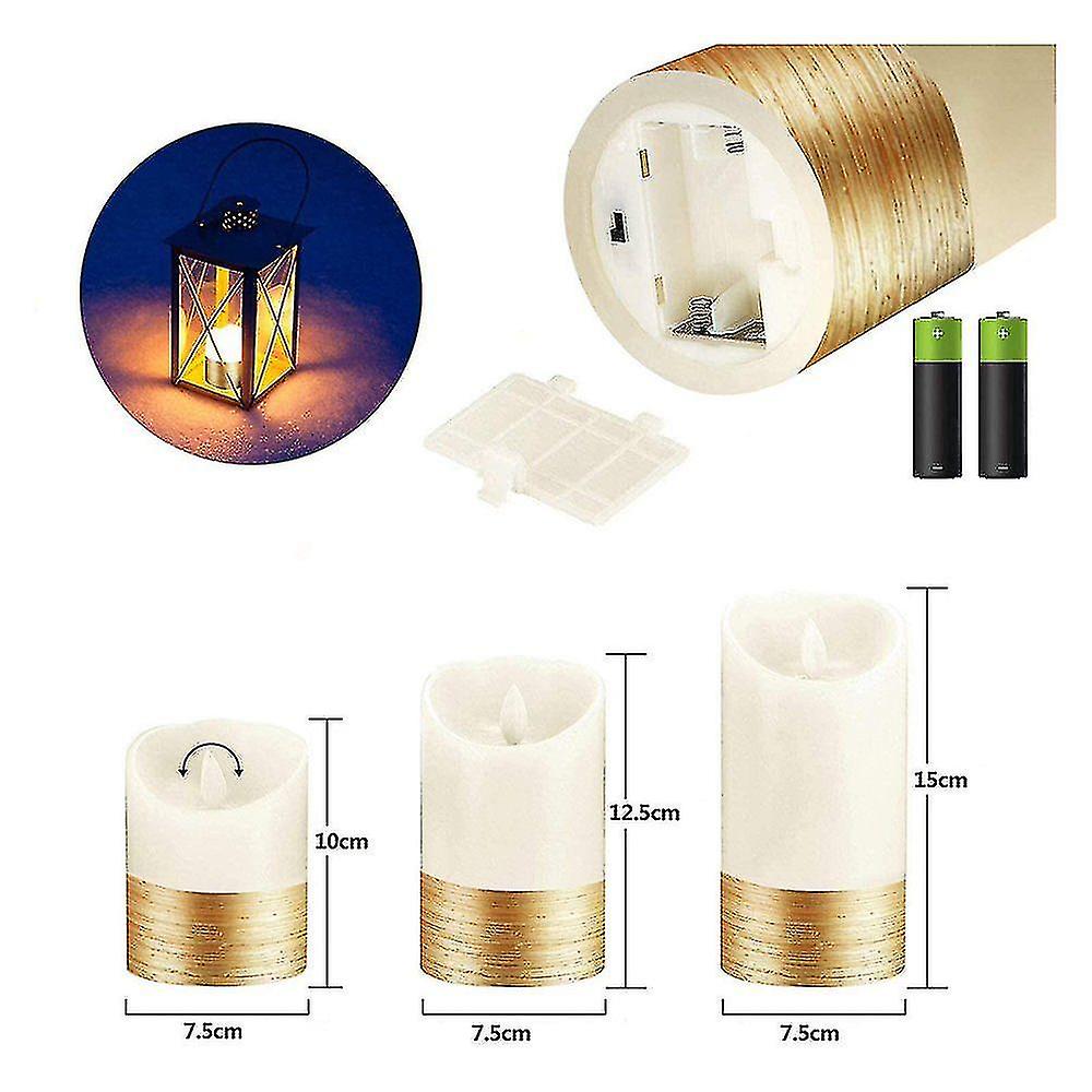 3 Set Gold Battery Operated Flameless Led Candles With 10 Button Remote Control And 24 Hour Timer