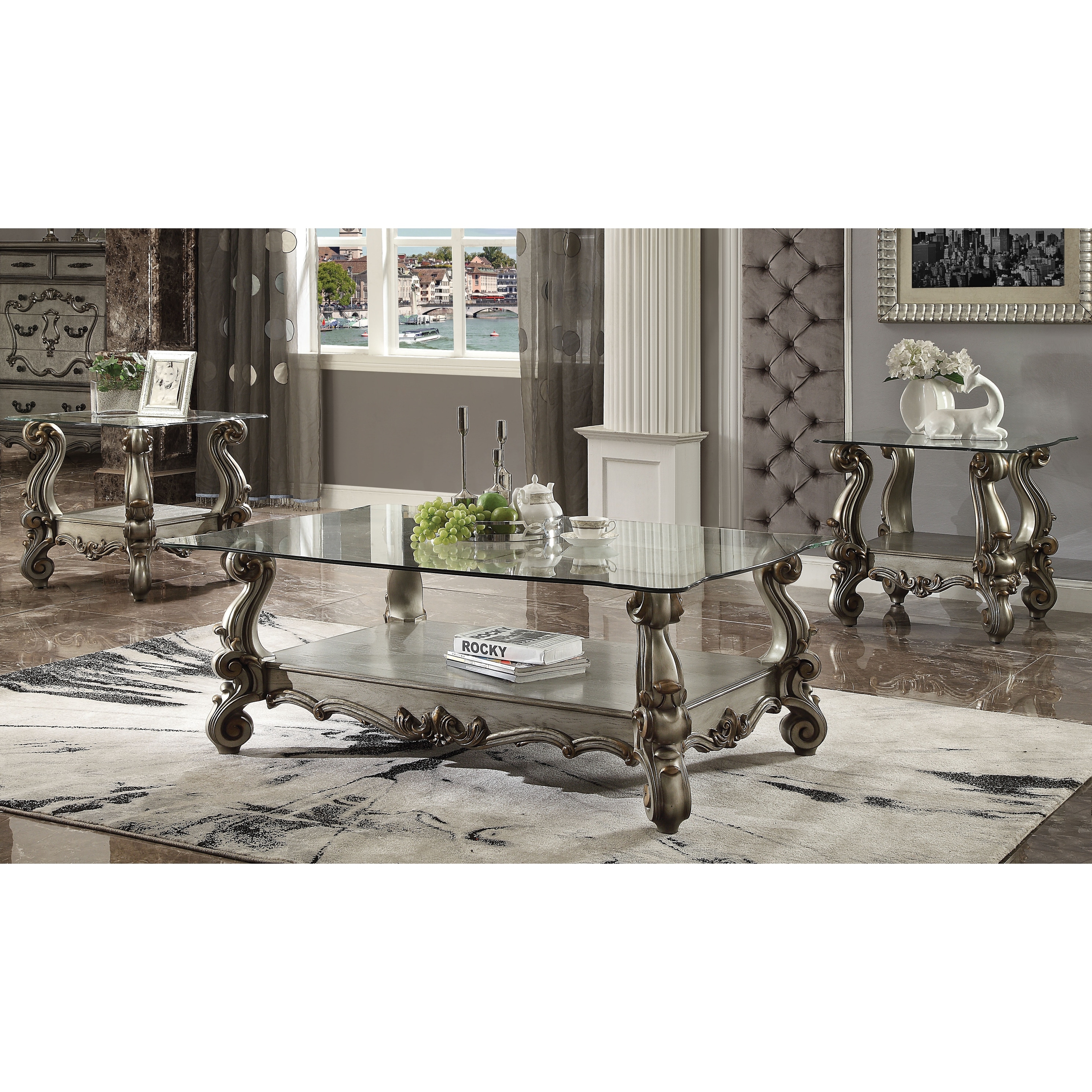 ACME Versailles End Table， Antique Platinum and Clear Glass - 1 Piece