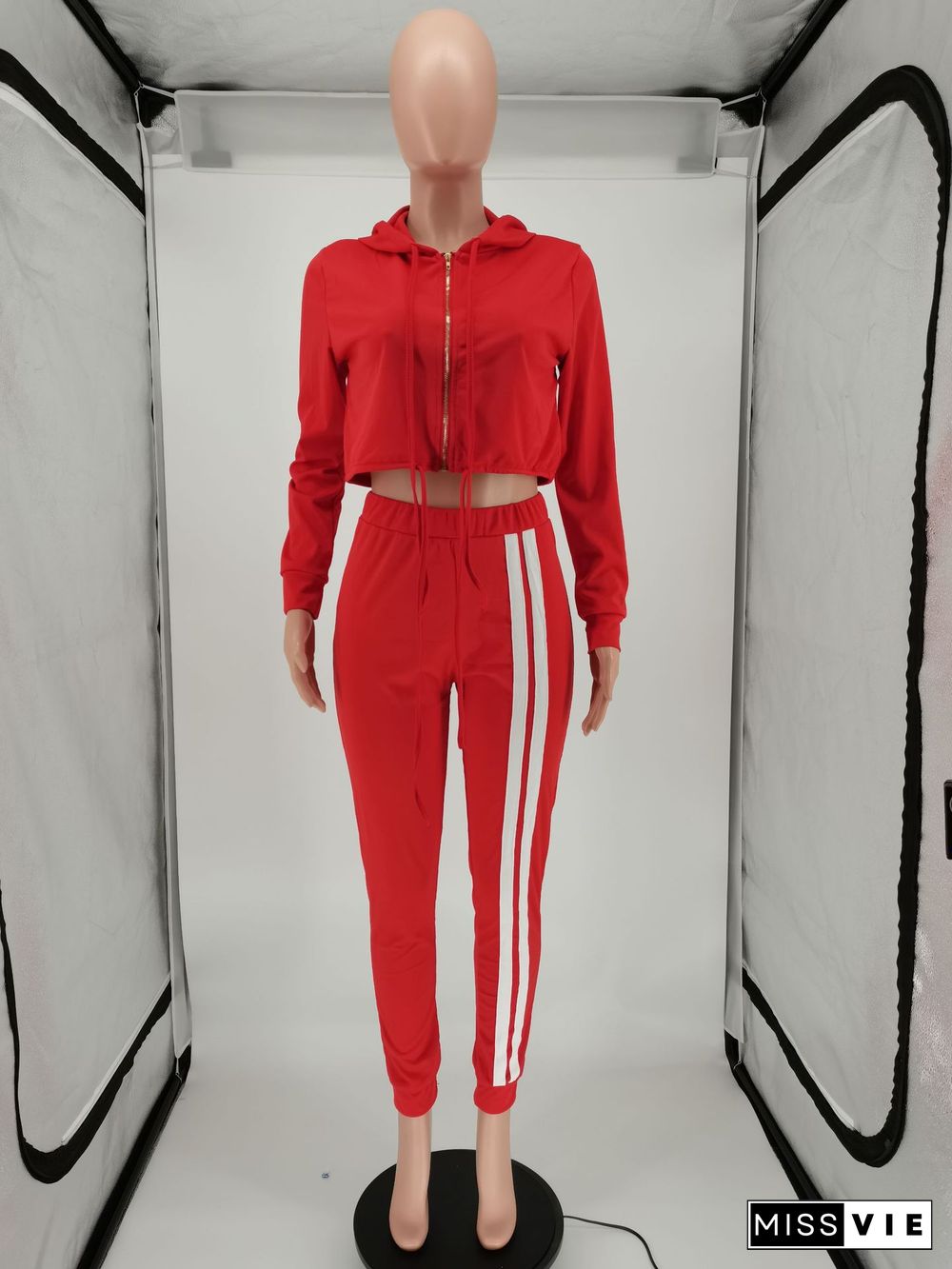 Solid Color Long Sleeve Zipper Hooded Crop Top Sweatpants Suit