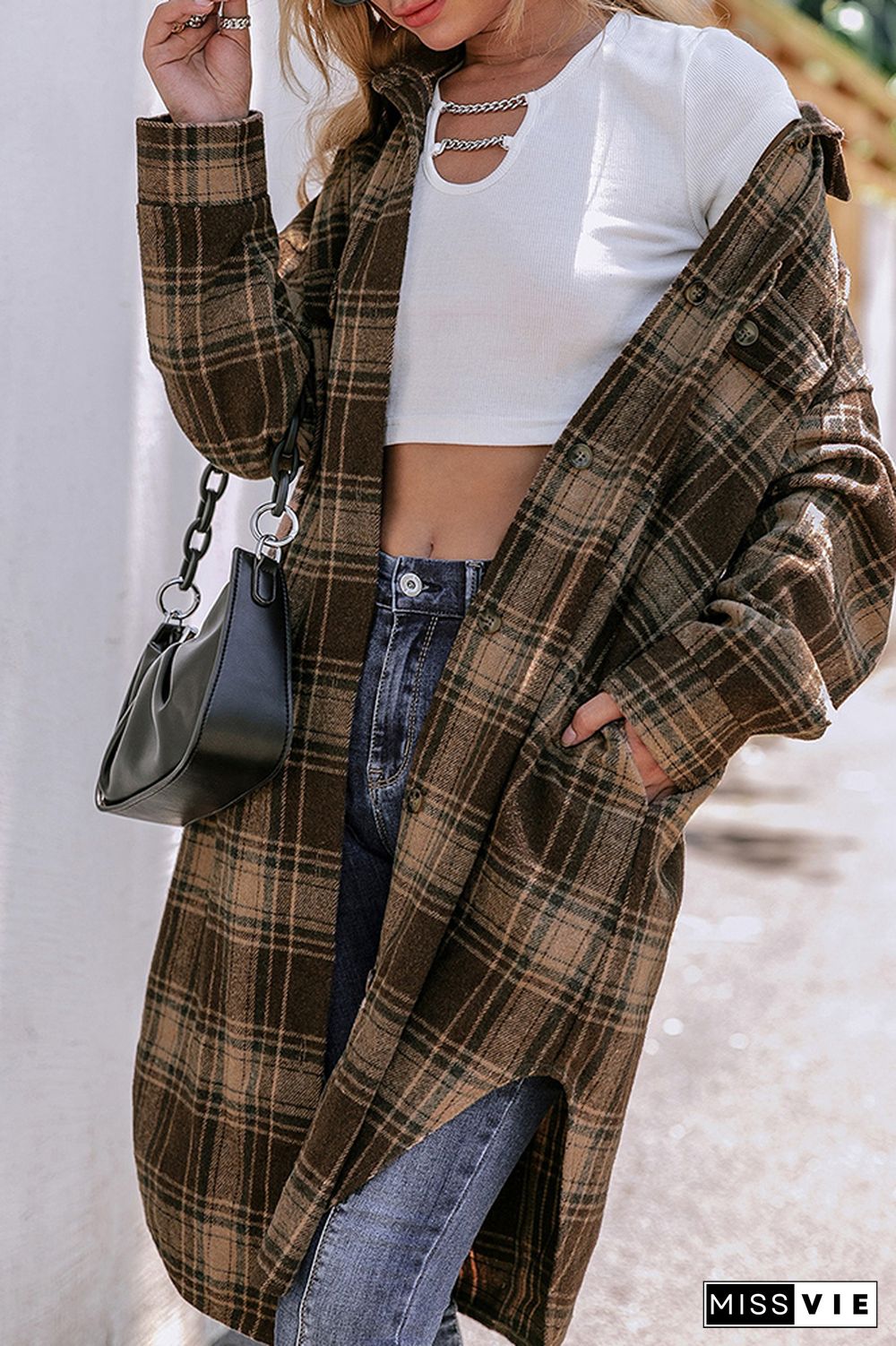 Plaid Long Length Open Button Jacket Coats