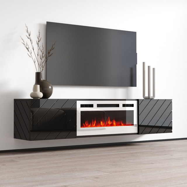 Modern Wall Mounted TV Stand  Linear Patterned Doors  ampFireplace   Modern   Entertainment Centers And Tv Stands   by Declusia  Houzz