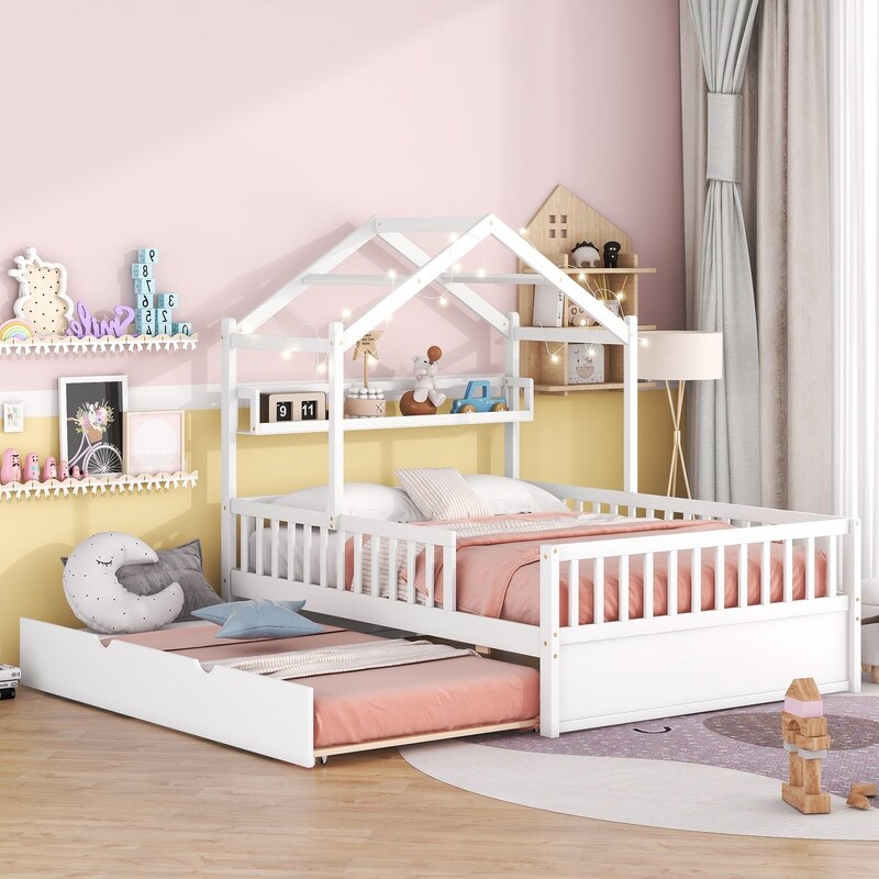 Wooden Full Size House Bed with Twin Size Trundle  Kids Bed with Shelf