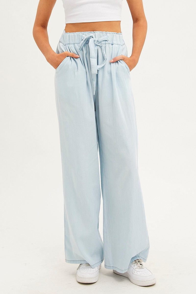 Blue Chambray Pant Tie Front Wide Leg