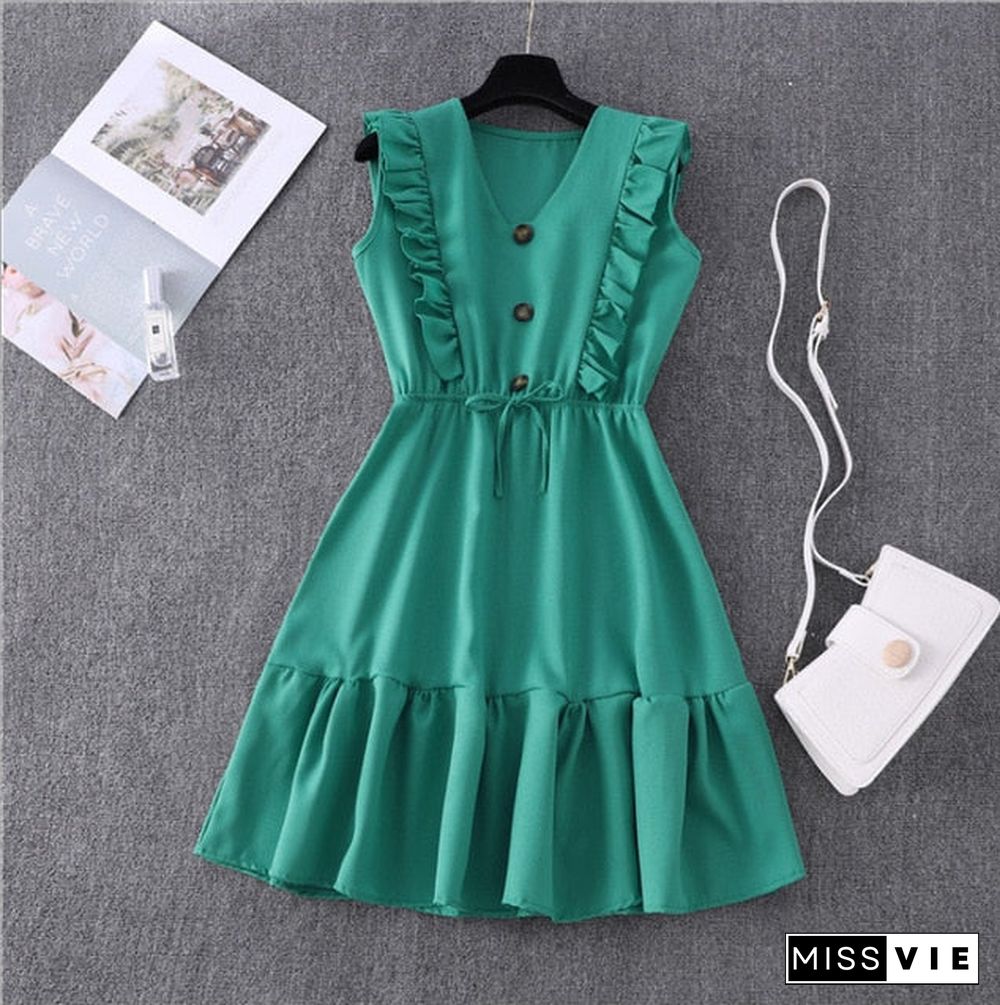 Women Summer Dress Casual Boho Beach Ruffles Mini Dress Party Sexy V-Neck High Waist Female Dresses