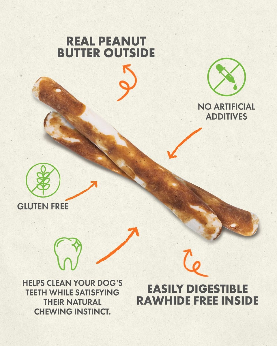 Canine Naturals Hide Free 5-inch Peanut Butter Flavor Stick Dog Chew， 40 count