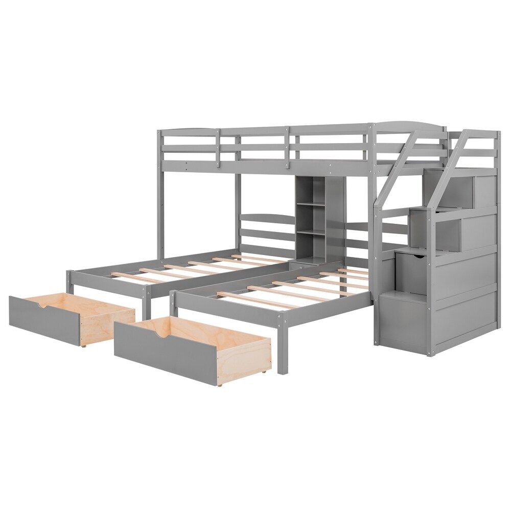 Twin Over Twin Twin Bunk Bed  Triple Bunk Bed w/Drawers  Staircase with Storage  Built in Shelves  for 3 Kids Teens Adults  Grey