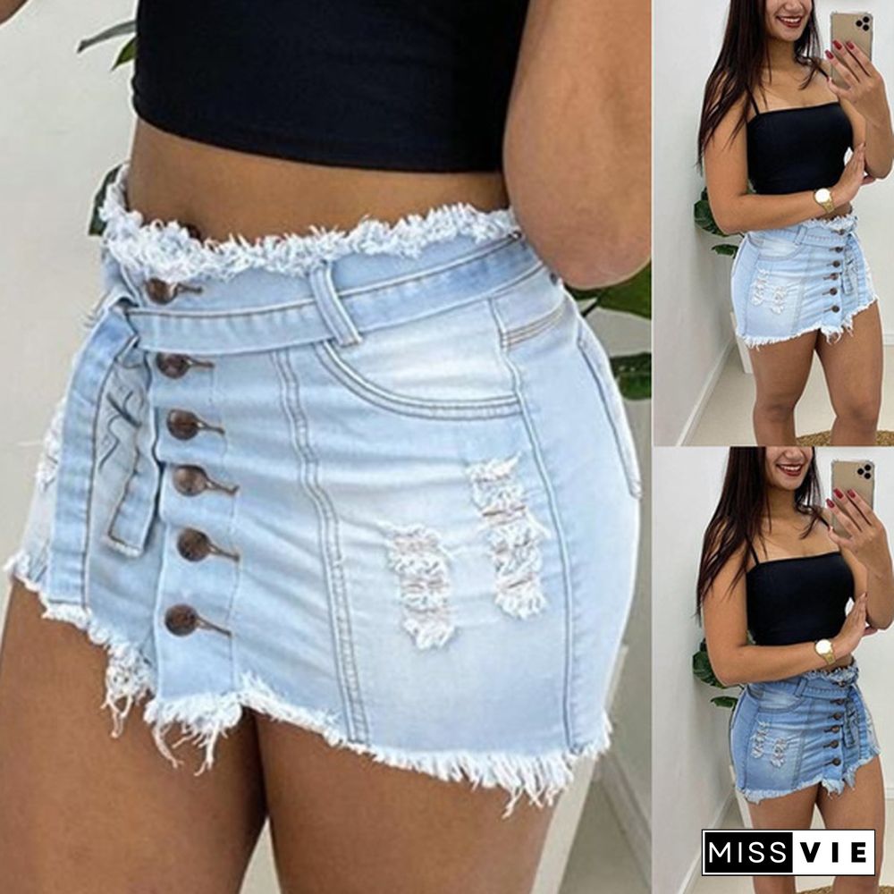 New Retro Women's Short Skirt Burr Hole Denim Skirt Denim Short Skirt Button Package Hip Short Skirt