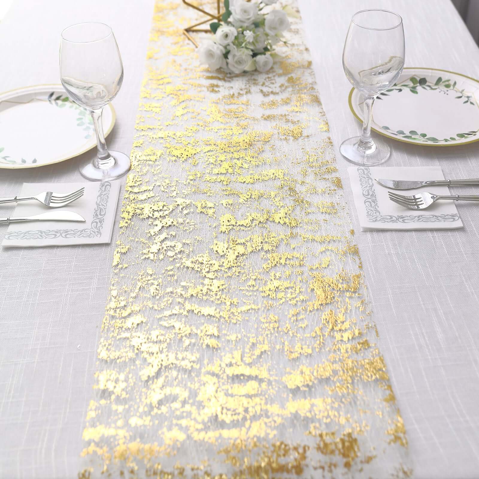 Sparkly Metallic Gold Foil Thin Mesh Polyester Table Runner 25GSM 108