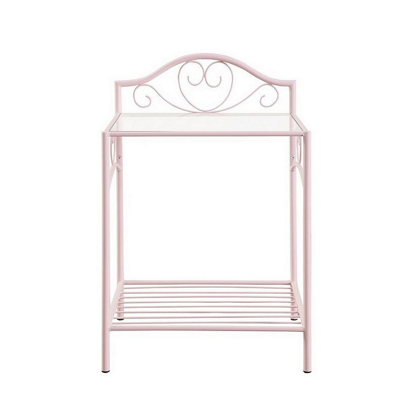 Metal Nightstand with Glass Top and Open Bottom Shelf， Pink and Clear