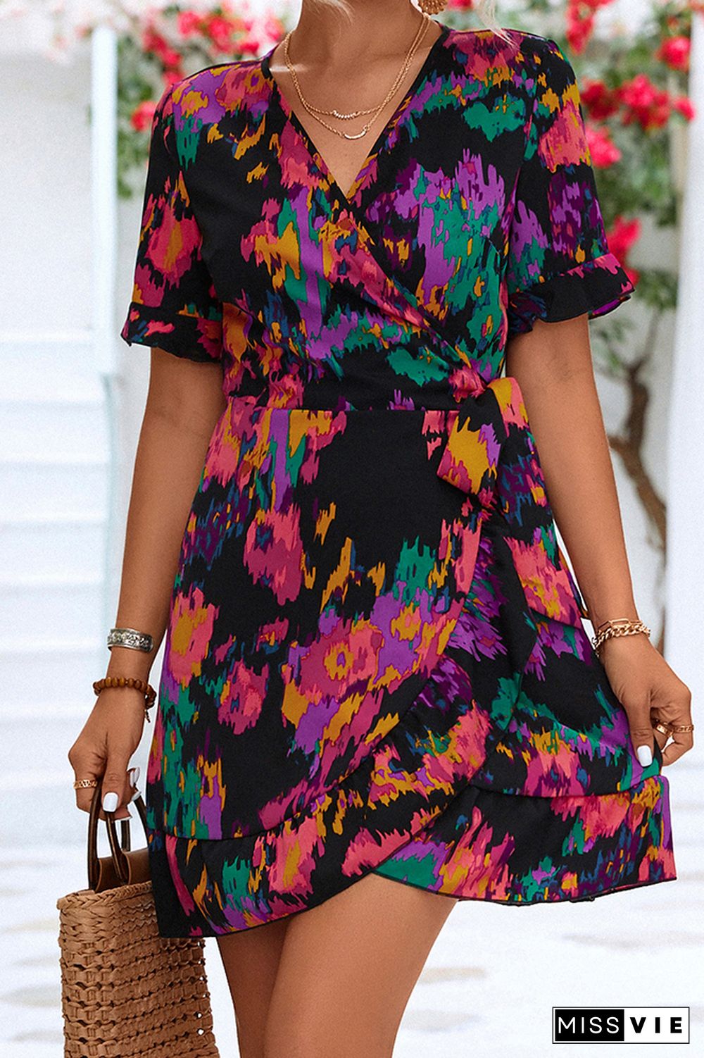 Wrap V Neck Abstract Printed Ruffles Dress