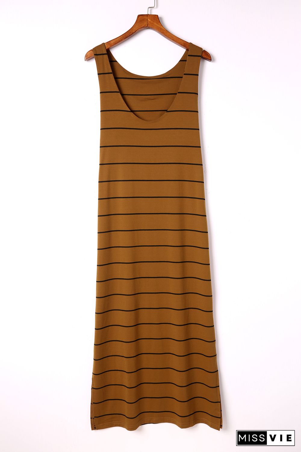 Brown Stripe Print Open Back Sleeveless Maxi Dress with Slits