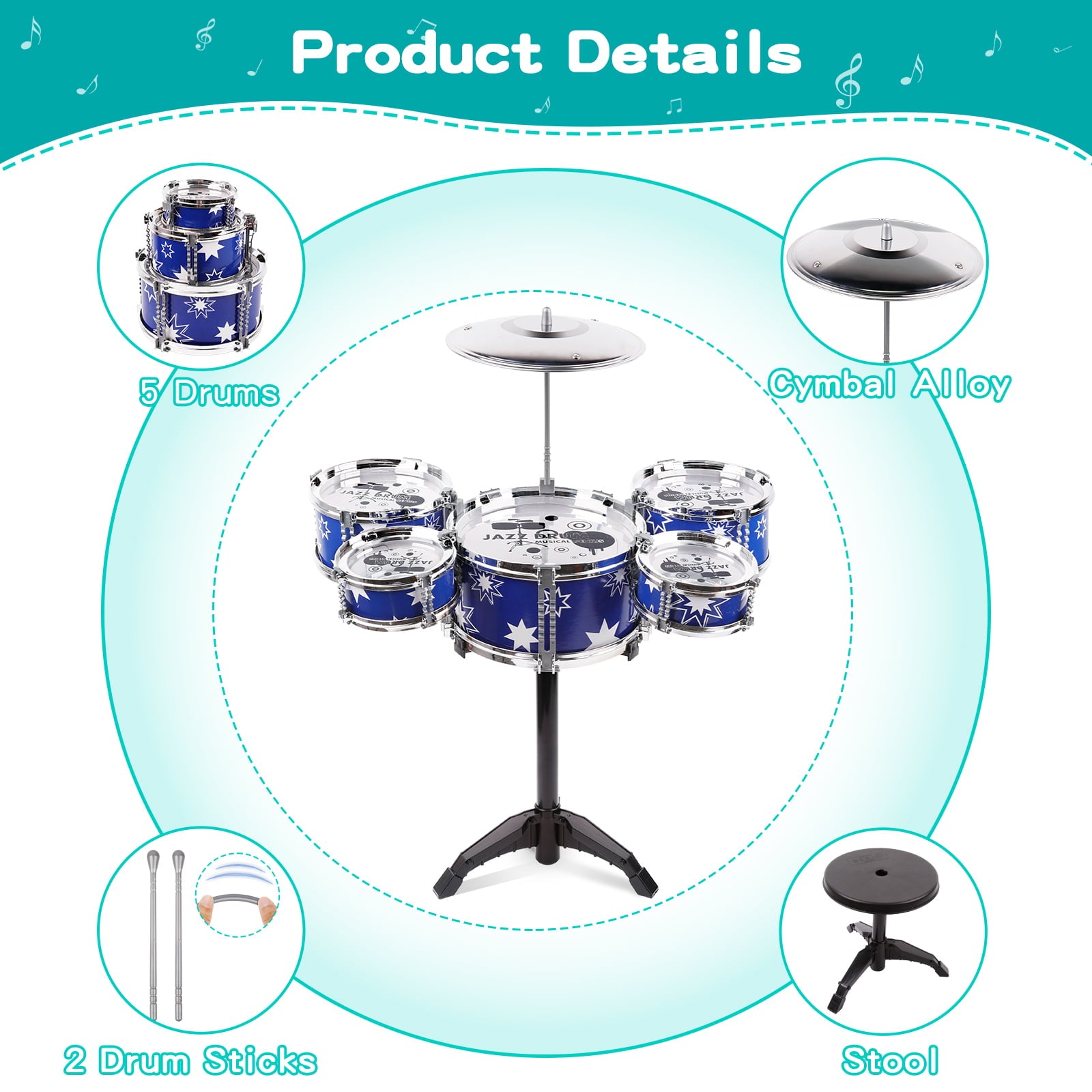 Shayson Drum Set for Kids Toddler Drum Set with Stool Kids Jazz Drum Kit Toys for 3-6 Year Old Boys