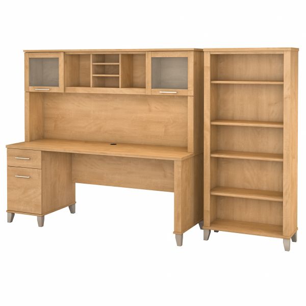 Bush Furniture Somerset 72W Office Desk with Hutch and 5 Shelf Bookcase in Maple Cross