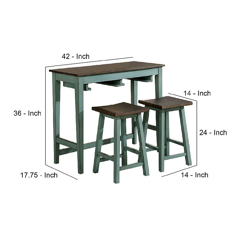 3 Piece Bar Table Set with Contoured Seat， Antique Blue and Brown