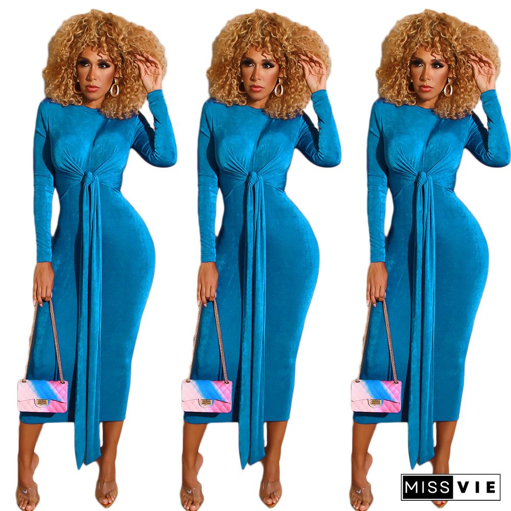 Women Solid Color Long Sleeves Skinny Maxi Dress with Belt