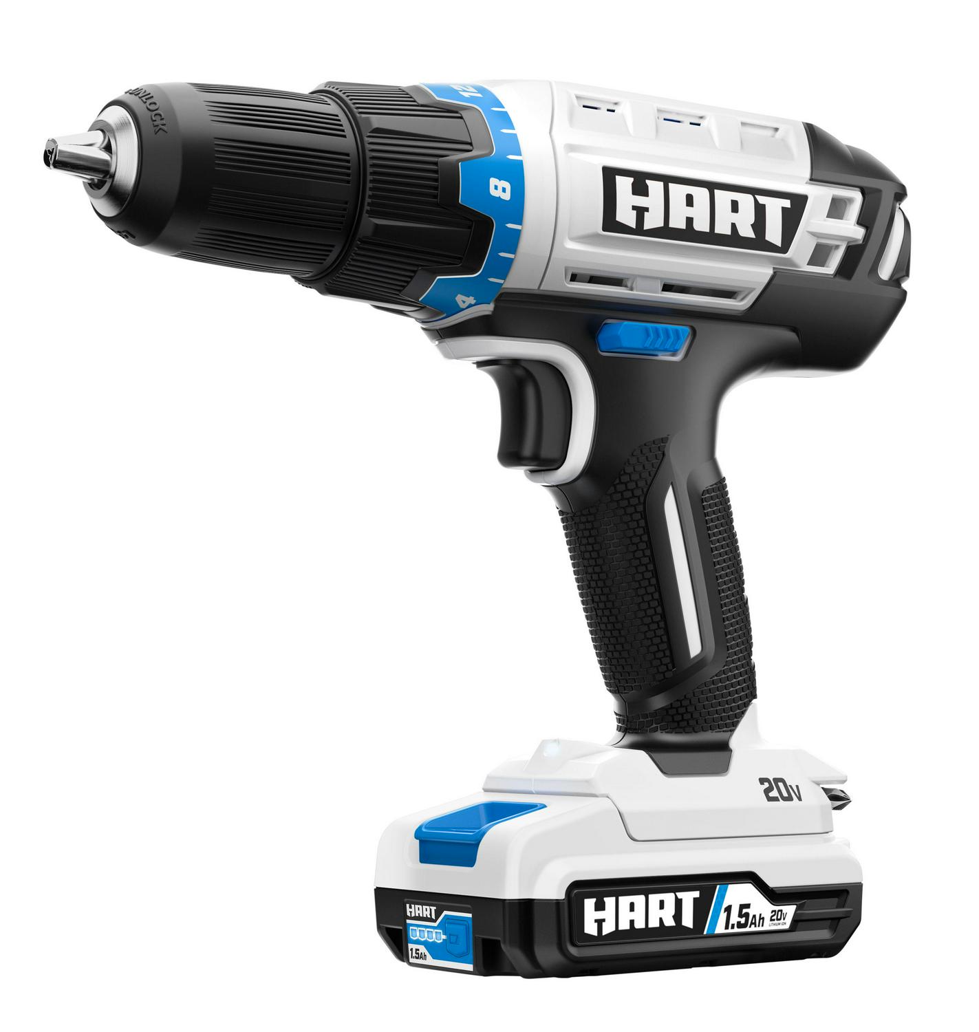 HART 20-Volt Cordless 4-Tool Combo Kit with 200-Piece Accessory Kit and 16-inch Storage Bag， (2) 20-Volt 1.5Ah Lithium-Ion Battery